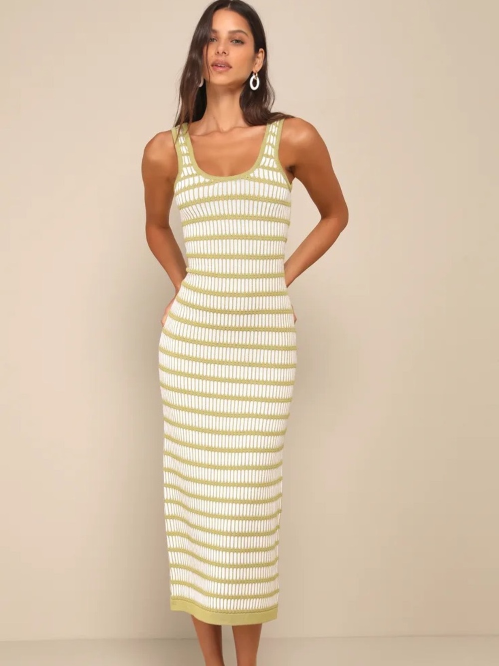 Lulus Curated Choice Green and Ivory Striped Cutout Knit Midi Dress